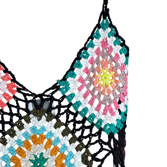 Boho Crochet  Granny Square Cropped Hippie Tank With Fringe Women's Size M - Picture 10 of 16